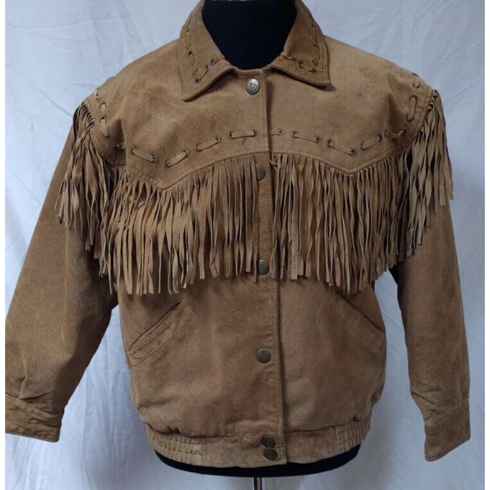 Vtg Starling Womens Medium Brown Cowgirl Western Fringe Lined Leather Snap Coat